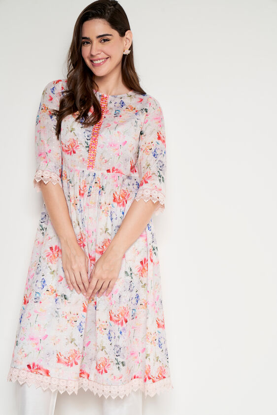 Off White Floral Flared Kurta, Off White, image 2